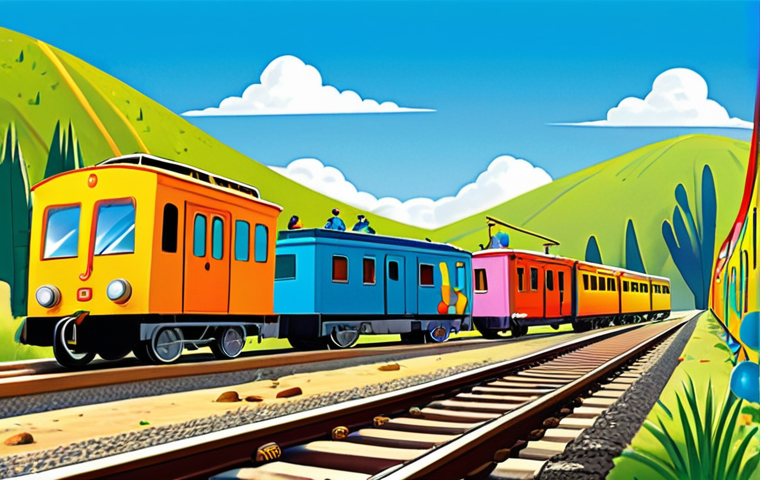 **Prompt:** A vibrant, colorful scene featuring Titipo and his friends Diesel, Genie, and Loco on a sunny train track. They are all smiling and working together to solve a problem, with tools and equipment scattered around them. Background shows rolling hills and a bright blue sky. Style: Children's book illustration, cheerful and inviting.