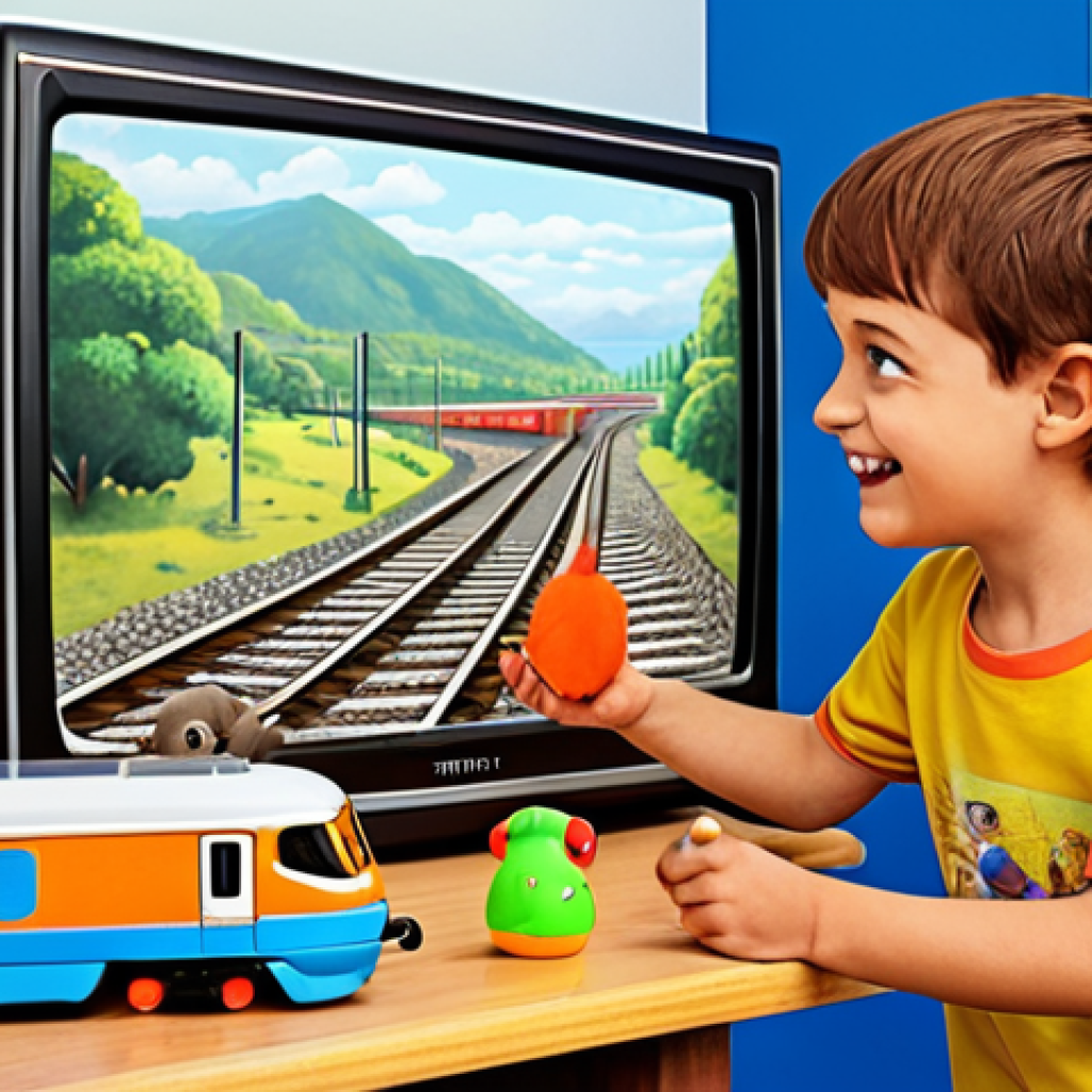 **Prompt:** A heartwarming scene of Timmy, a young boy with a slightly mischievous grin, sharing his toys with his friend. In the background, a TV screen displays Titipo sharing the railway with other trains. The overall atmosphere is gentle and educational, emphasizing the importance of sharing. Style: Children's book illustration, soft colors, focus on emotional connection.
