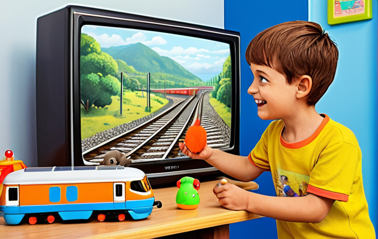 **Prompt:** A heartwarming scene of Timmy, a young boy with a slightly mischievous grin, sharing his toys with his friend. In the background, a TV screen displays Titipo sharing the railway with other trains. The overall atmosphere is gentle and educational, emphasizing the importance of sharing. Style: Children's book illustration, soft colors, focus on emotional connection.