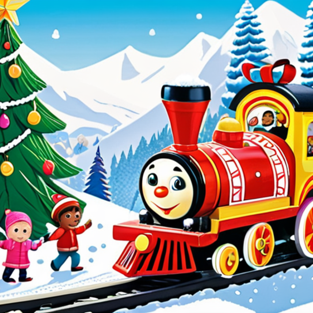 **

A group of diverse and colorful toy trains, including Titipo, Genie, and Loco, working together to pull a large Christmas tree up a snowy hill. The scene is set in a cheerful, winter wonderland environment with snow-covered trees and a bright, sunny sky. Children are watching in excitement, showcasing the teamwork and friendship themes of the show. Style: Vibrant, children's illustration.

**
