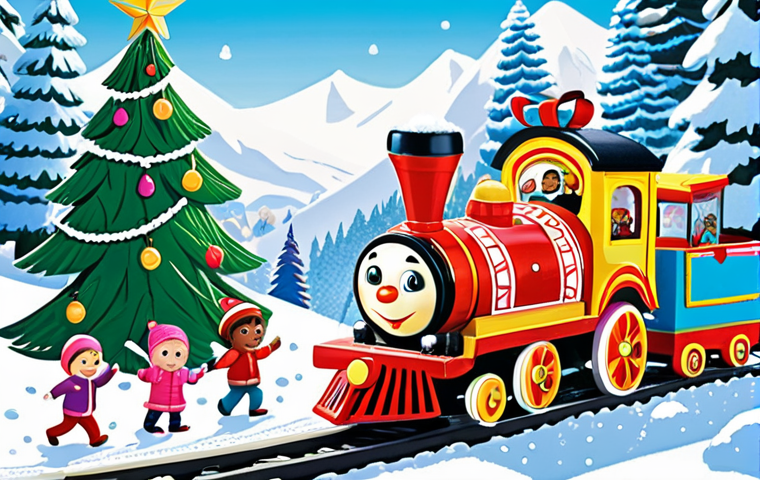 **
A group of diverse and colorful toy trains, including Titipo, Genie, and Loco, working together to pull a large Christmas tree up a snowy hill. The scene is set in a cheerful, winter wonderland environment with snow-covered trees and a bright, sunny sky. Children are watching in excitement, showcasing the teamwork and friendship themes of the show. Style: Vibrant, children's illustration.
**