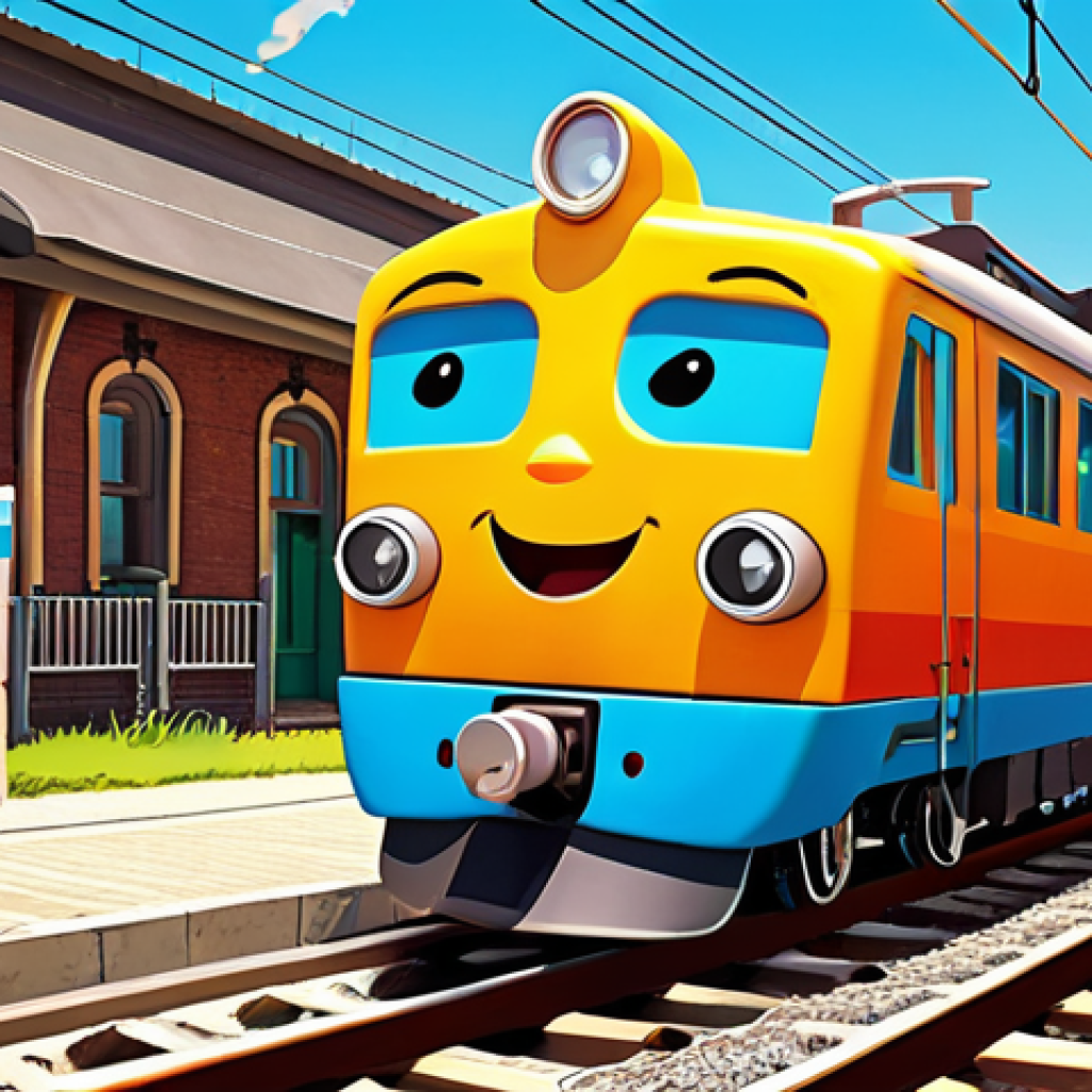 **A vibrant and colorful illustration of Titipo, the young and energetic train, beaming with enthusiasm, chugging along a sunny railway track in Trainville. Emphasize his cheerful personality and eagerness for adventure.**