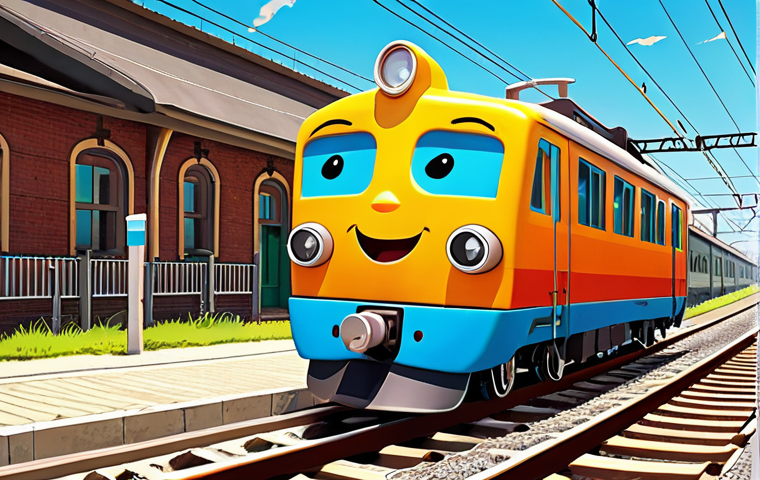 **A vibrant and colorful illustration of Titipo, the young and energetic train, beaming with enthusiasm, chugging along a sunny railway track in Trainville. Emphasize his cheerful personality and eagerness for adventure.**