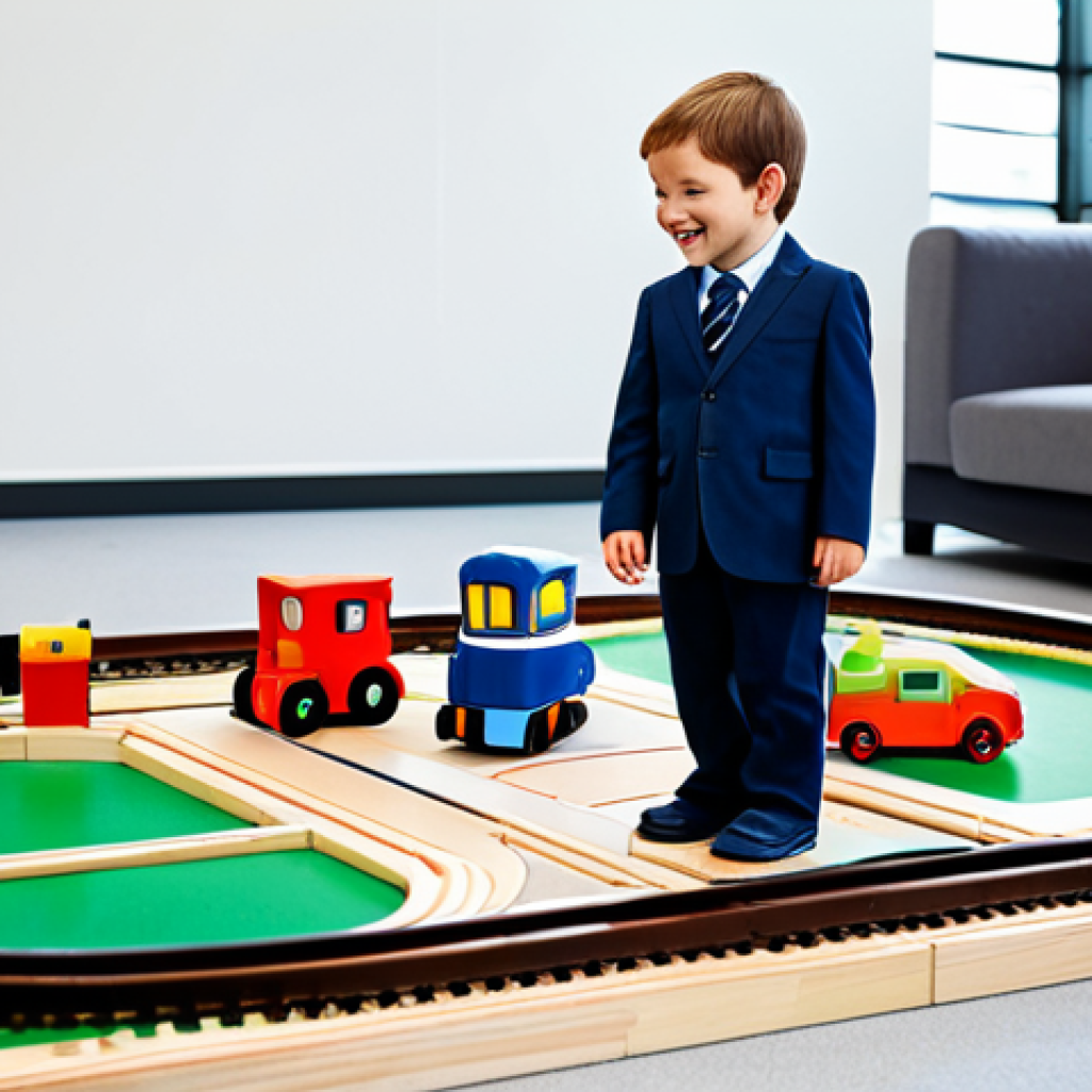 A cheerful young child, fully clothed in comfortable, modest play attire, meticulously arranging toy train tracks on a large playmat. In the background, a professional railway engineer, fully clothed in a smart business suit, stands observing with a warm, encouraging smile. The setting is a brightly lit, modern learning space with architectural models and railway diagrams subtly visible in the background, symbolizing the connection between childhood play and future innovation. The image should feature perfect anatomy, correct proportions, natural pose, well-formed hands, and proper finger count, ensuring natural body proportions. This is a safe for work, appropriate content, family-friendly scene, depicted with professional photography and high detail.