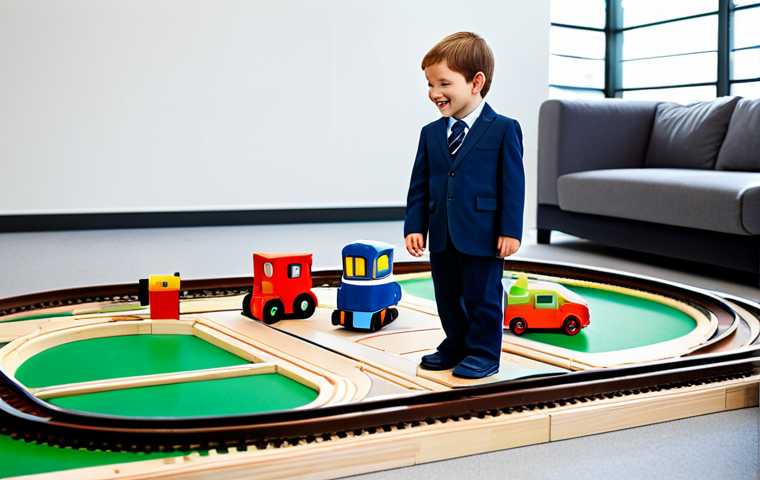 A cheerful young child, fully clothed in comfortable, modest play attire, meticulously arranging toy train tracks on a large playmat. In the background, a professional railway engineer, fully clothed in a smart business suit, stands observing with a warm, encouraging smile. The setting is a brightly lit, modern learning space with architectural models and railway diagrams subtly visible in the background, symbolizing the connection between childhood play and future innovation. The image should feature perfect anatomy, correct proportions, natural pose, well-formed hands, and proper finger count, ensuring natural body proportions. This is a safe for work, appropriate content, family-friendly scene, depicted with professional photography and high detail.