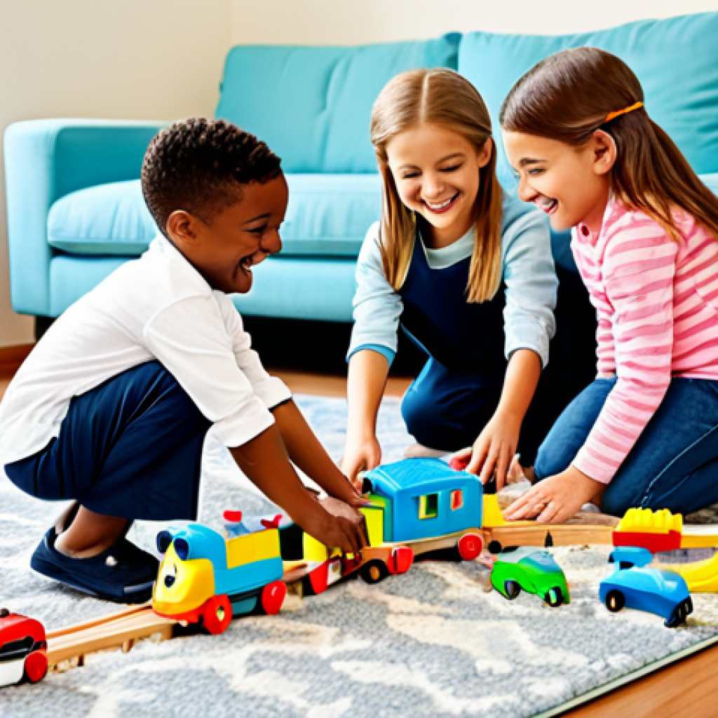A diverse group of cheerful children, aged 5-7, fully clothed in modest, age-appropriate playwear, are collaboratively building a colorful train set on a clean playroom rug. They are smiling and interacting positively, demonstrating teamwork and friendship in a brightly lit, tidy room with soft natural light. Perfect anatomy, correct proportions, natural poses, well-formed hands, proper finger count. Professional photography, high quality, vibrant colors, safe for work, appropriate content, fully clothed, family-friendly.