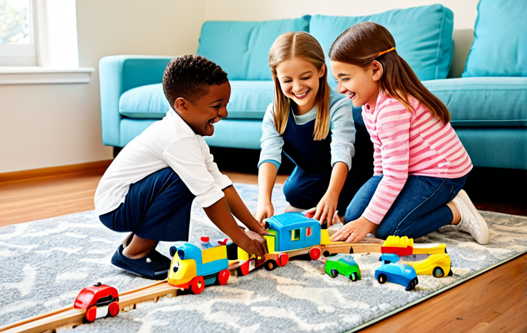 A diverse group of cheerful children, aged 5-7, fully clothed in modest, age-appropriate playwear, are collaboratively building a colorful train set on a clean playroom rug. They are smiling and interacting positively, demonstrating teamwork and friendship in a brightly lit, tidy room with soft natural light. Perfect anatomy, correct proportions, natural poses, well-formed hands, proper finger count. Professional photography, high quality, vibrant colors, safe for work, appropriate content, fully clothed, family-friendly.