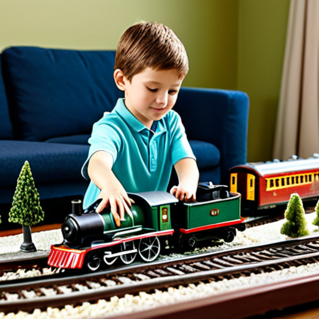 A child, approximately 8-10 years old, fully clothed in comfortable, modest play attire, is deeply focused on an elaborate miniature train set spread across a large rug in a cozy, well-lit living room. Their hands are gently placing a tiny passenger car onto the tracks, their expression reflecting quiet determination and imaginative engagement. The train layout features intricate details: a classic locomotive, miniature buildings like a station and a general store, tiny trees, and small human figures populating the scene. The overall atmosphere is warm and inviting, emphasizing the tangible, interactive play. The lighting is soft and natural, highlighting the details of the miniature world. Perfect anatomy, correct proportions, natural pose, well-formed hands, proper finger count, natural body proportions, safe for work, appropriate content, family-friendly, professional photography, high quality.