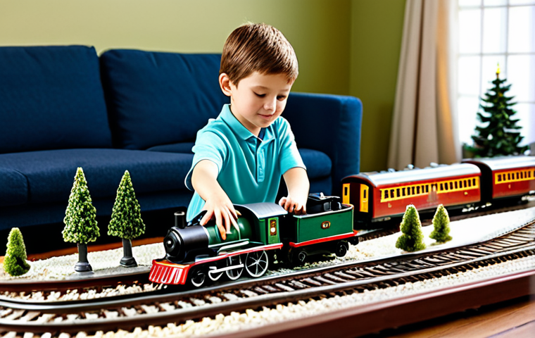 A child, approximately 8-10 years old, fully clothed in comfortable, modest play attire, is deeply focused on an elaborate miniature train set spread across a large rug in a cozy, well-lit living room. Their hands are gently placing a tiny passenger car onto the tracks, their expression reflecting quiet determination and imaginative engagement. The train layout features intricate details: a classic locomotive, miniature buildings like a station and a general store, tiny trees, and small human figures populating the scene. The overall atmosphere is warm and inviting, emphasizing the tangible, interactive play. The lighting is soft and natural, highlighting the details of the miniature world. Perfect anatomy, correct proportions, natural pose, well-formed hands, proper finger count, natural body proportions, safe for work, appropriate content, family-friendly, professional photography, high quality.
