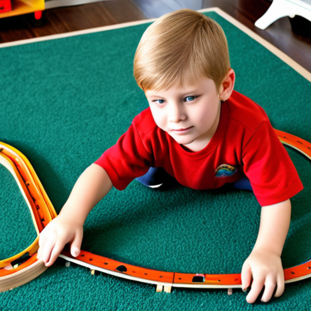 A family-friendly image of a bright, curious child, approximately 8 years old, fully clothed in appropriate, modest casual wear, intently focused on building an intricate track for a classic toy train set on a clean playroom floor. The child is actively problem-solving, arranging track pieces with well-formed hands and proper finger count. Subtle hints of interactive elements like soft, responsive ambient lighting suggest smart integration. The scene emphasizes hands-on learning and imaginative play, promoting early STEM skills. Perfect anatomy, correct proportions, natural pose. Professional photography, high quality, safe for work, appropriate content.