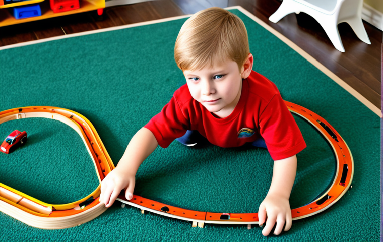 A family-friendly image of a bright, curious child, approximately 8 years old, fully clothed in appropriate, modest casual wear, intently focused on building an intricate track for a classic toy train set on a clean playroom floor. The child is actively problem-solving, arranging track pieces with well-formed hands and proper finger count. Subtle hints of interactive elements like soft, responsive ambient lighting suggest smart integration. The scene emphasizes hands-on learning and imaginative play, promoting early STEM skills. Perfect anatomy, correct proportions, natural pose. Professional photography, high quality, safe for work, appropriate content.