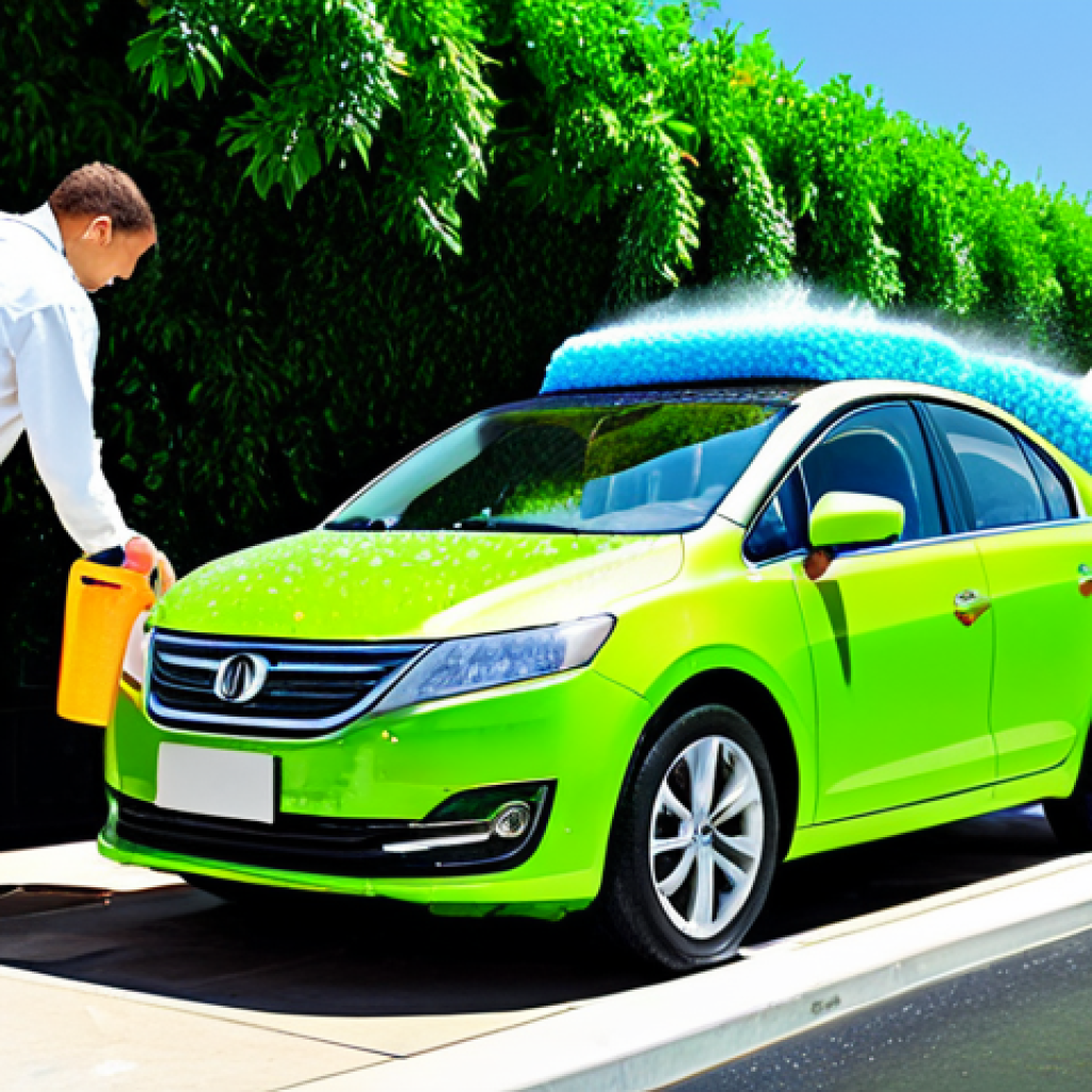 Eco-Friendly Car Wash**

"A brightly colored, futuristic solar-powered car, fully clothed children happily washing it with bubbly, plant-based soap at a self-service car wash. Lush green plants surround the area. Safe for work, appropriate content, fully clothed, professional illustration, perfect anatomy, natural proportions, family-friendly."

**