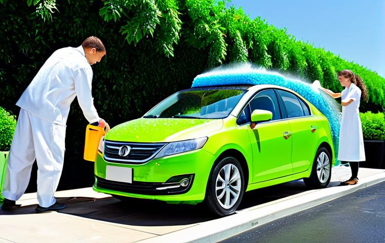 Eco-Friendly Car Wash**

"A brightly colored, futuristic solar-powered car, fully clothed children happily washing it with bubbly, plant-based soap at a self-service car wash. Lush green plants surround the area. Safe for work, appropriate content, fully clothed, professional illustration, perfect anatomy, natural proportions, family-friendly."

**