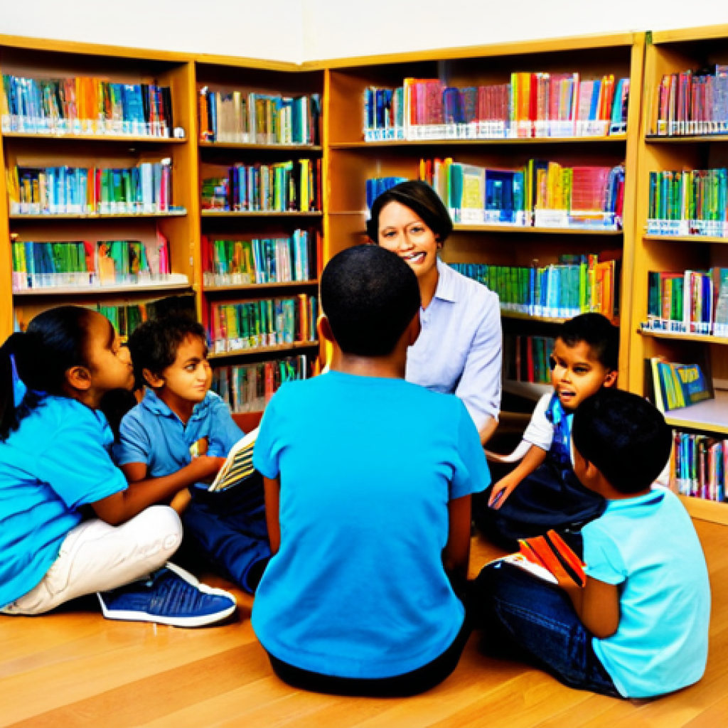 **Image Prompt:** A group of diverse, fully clothed children are sitting in a circle in a brightly lit library, attentively listening to a librarian reading a Titipo storybook aloud. The librarian is wearing professional attire and has a friendly expression. Bookshelves filled with colorful books form the backdrop. Safe for work, appropriate content, family-friendly, perfect anatomy, natural pose, high quality.