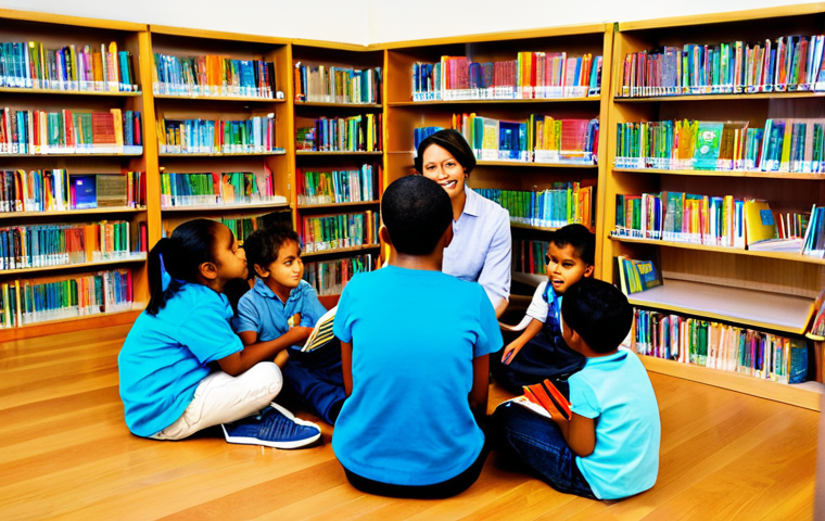 **Image Prompt:** A group of diverse, fully clothed children are sitting in a circle in a brightly lit library, attentively listening to a librarian reading a Titipo storybook aloud. The librarian is wearing professional attire and has a friendly expression. Bookshelves filled with colorful books form the backdrop. Safe for work, appropriate content, family-friendly, perfect anatomy, natural pose, high quality.