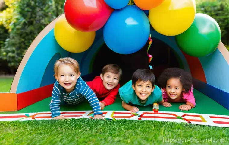 띠띠뽀 기념일 행사 아이디어 - **Prompt:** "A vibrant and joyful children's birthday party scene for a 'Titipo Anniversary Event'. ...