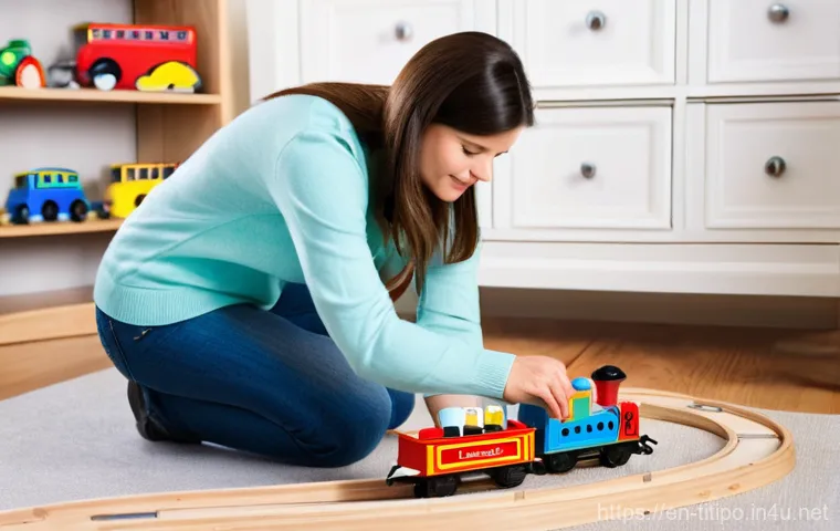 띠띠뽀 장난감 안전성 - A diligent parent (a woman in her late 30s, dressed in a comfortable, practical sweater and jeans) i...