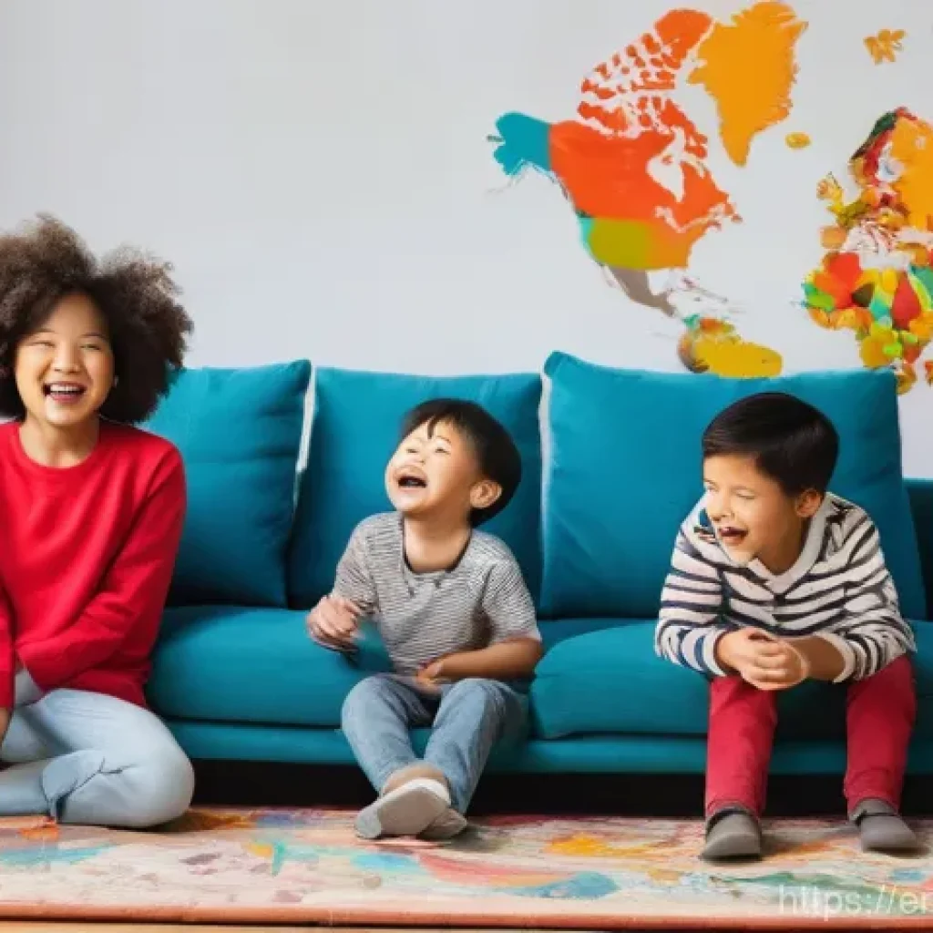 띠띠뽀와 함께하는 문화 교류 - **Prompt:** "A vibrant and joyful scene featuring four diverse children, aged 6-9, gathered around a...