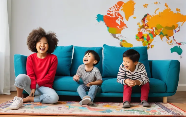 띠띠뽀와 함께하는 문화 교류 - **Prompt:** "A vibrant and joyful scene featuring four diverse children, aged 6-9, gathered around a...