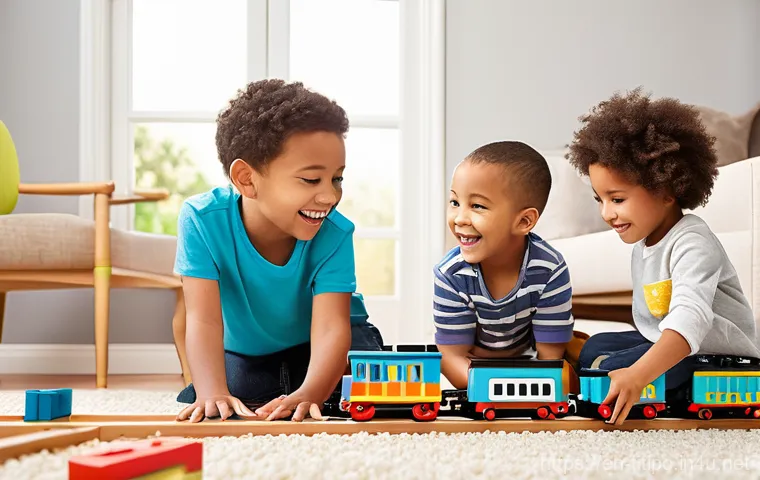 띠띠뽀 콘텐츠 트렌드 분석 - **Prompt:** A diverse group of four happy children, approximately 5-8 years old, laughing and playin...