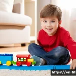 Home 13 띠띠뽀 관련 주제 교육자료 - **Prompt:** A cheerful 5-year-old boy with bright eyes, wearing a red t-shirt and blue jeans, sittin...