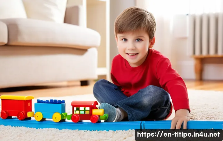 띠띠뽀 관련 주제 교육자료 - **Prompt:** A cheerful 5-year-old boy with bright eyes, wearing a red t-shirt and blue jeans, sittin...